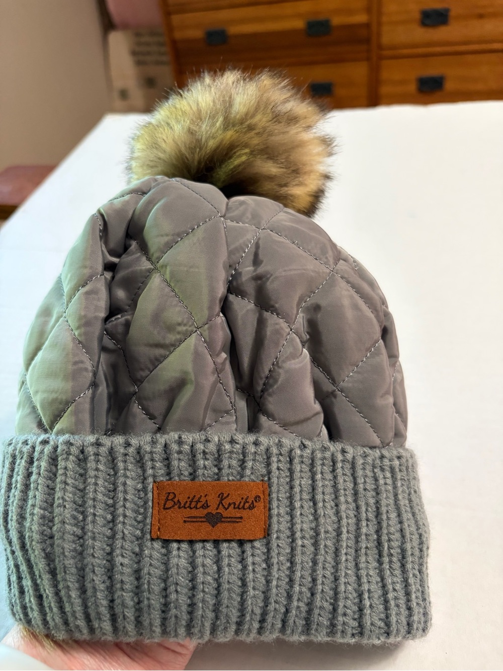 Britt's Knits Gray Quilted Beanie with Plush Faux Fur Pom